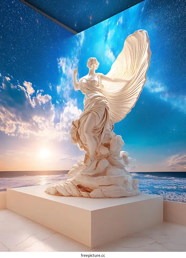 White Marble Statue of a Woman with Wings Against a Blue Sky with Stars