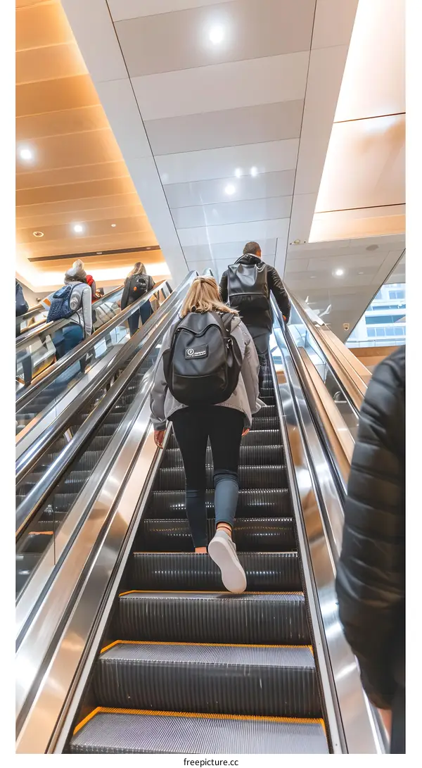 People Walking Up An Escalator In A Modern Building