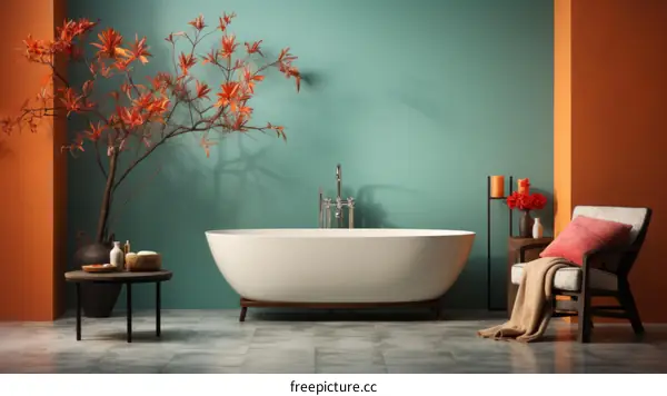 Bathroom interior with a modern bathtub, a stylish chair, and a beautiful plant