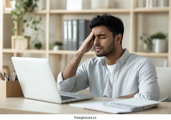 Stressed Business Man with Headache at Desk