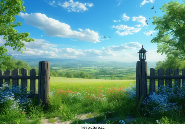 Wooden fence in front of a grass field on a sunny day