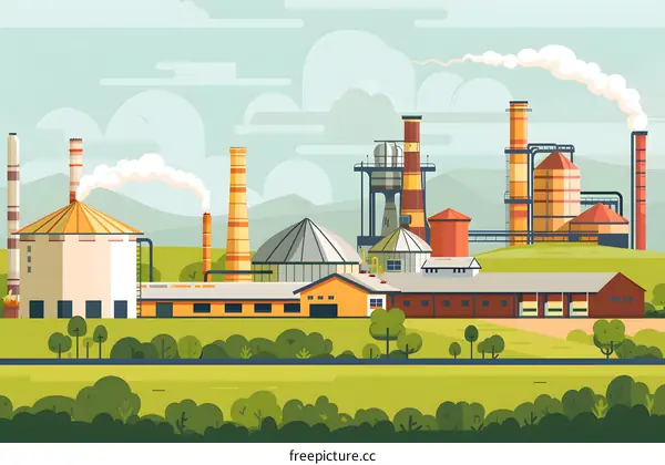 Industrial Plant With Smoke Stacks And Green Field