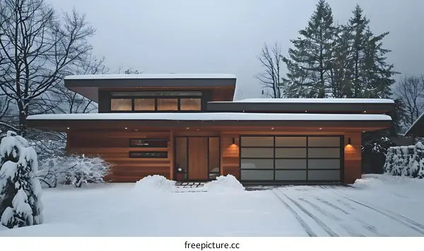 Modern House with Snow Covered Roof and Yard