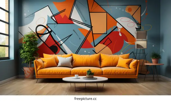 Blue and orange geometric shapes painting in living room