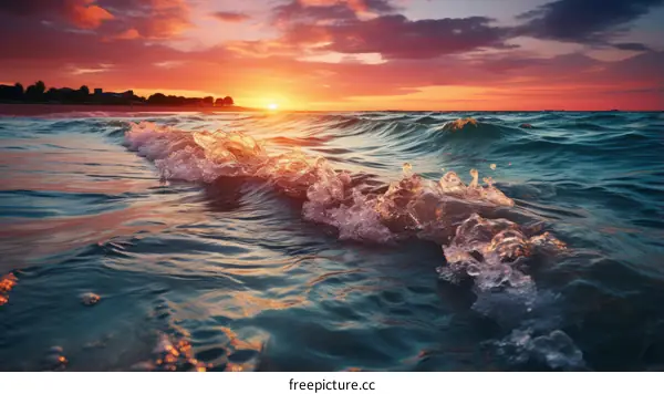 The setting sun and the waves hitting the beach