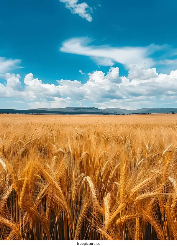 A golden wheat field under a blue sky