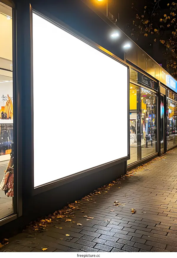 Blank Billboard at Night on a Brick Sidewalk