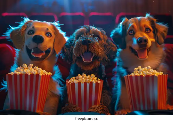 Three dogs watching a movie