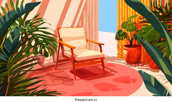 Tropical Illustration with an Armchair in a Modern Living Room
