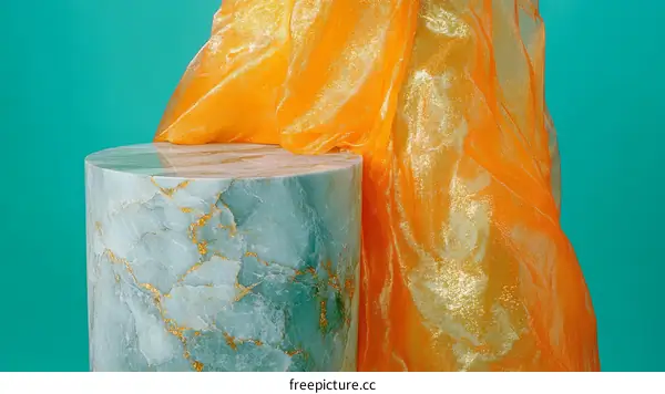 Abstract Orange Fabric Display on Marble Cylinder