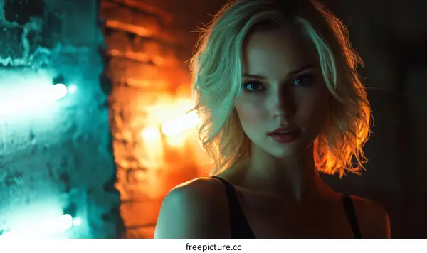 Portrait of a Blonde Woman in Neon Light