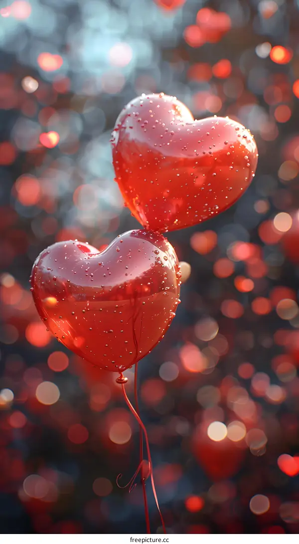 Two red heart-shaped balloons floating in the air with a blurred background of red and pink lights.