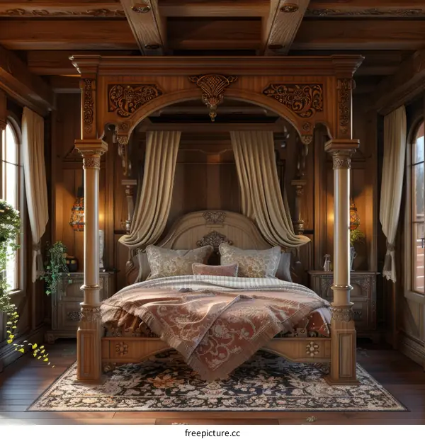 Ornate Wooden Four-Poster Bed in a Luxurious Bedroom