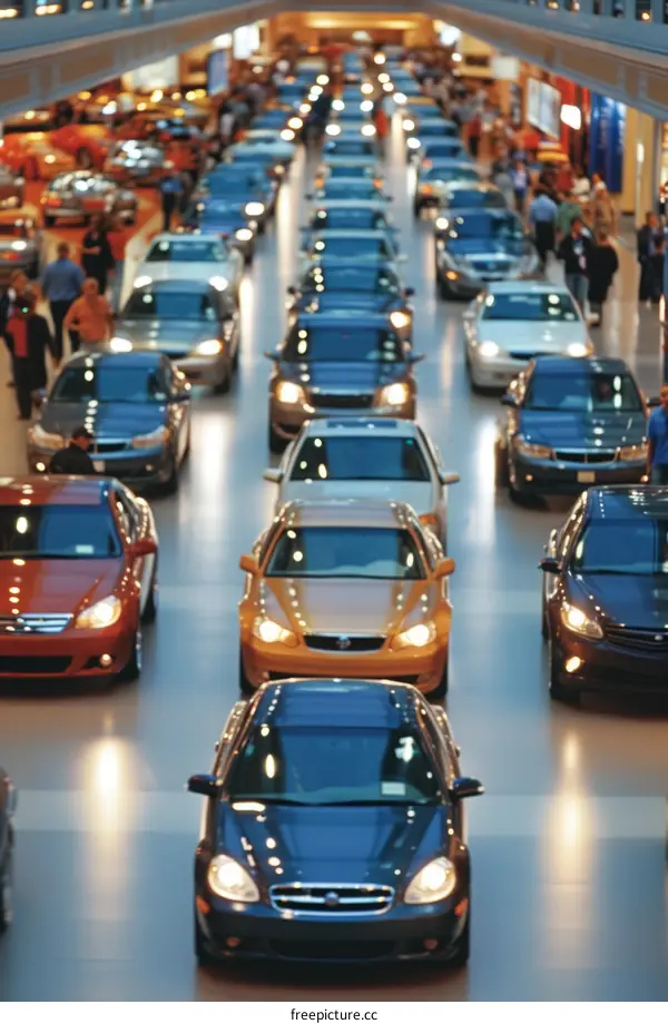 A large group of people walking through a busy car show
