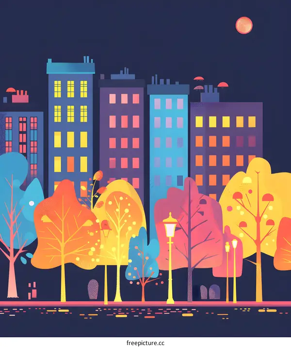 Night Cityscape with Colorful Buildings and Trees