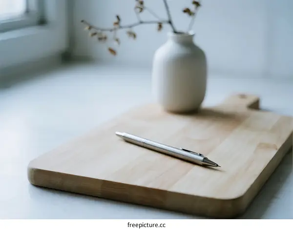 A wooden cutting board with a pen and a small white vase