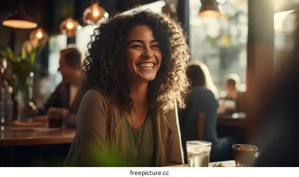 Portrait of a beautiful young woman smiling in a restaurant