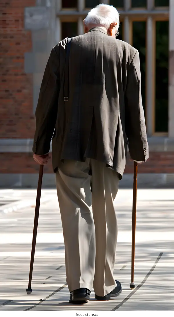 Elderly Man Walking With Cane Outdoors