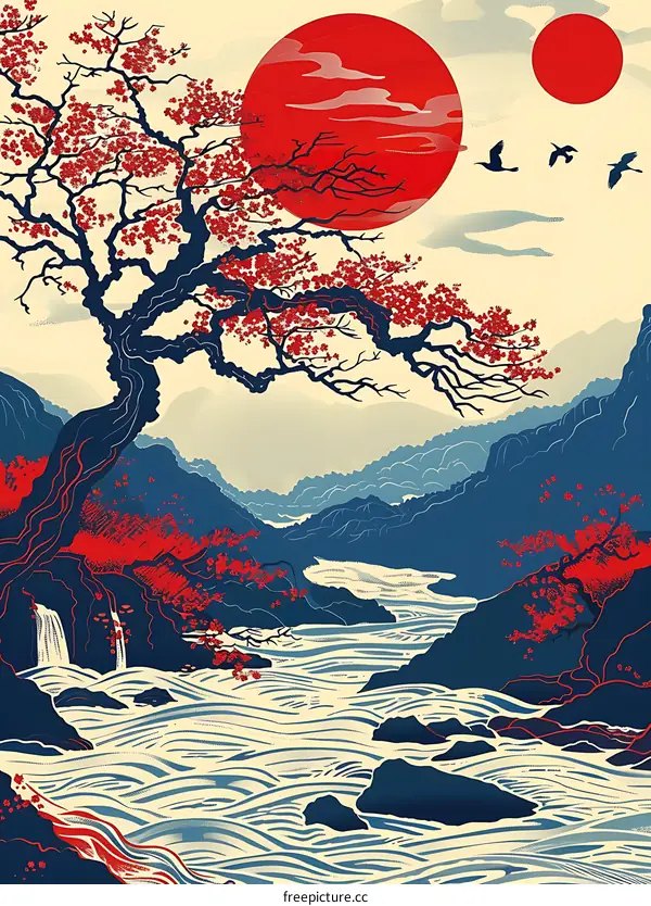 Japanese Style Landscape with Cherry Blossoms and Red Sun