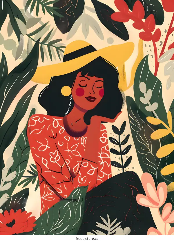 Woman In Red Dress With Yellow Hat And Tropical Leaves