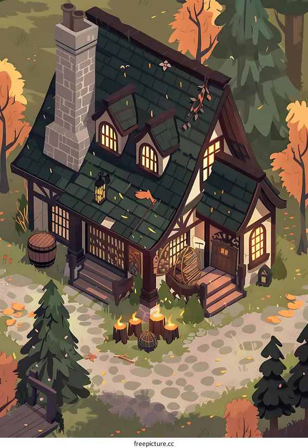 Cozy Cottage Illustration In Autumn Forest