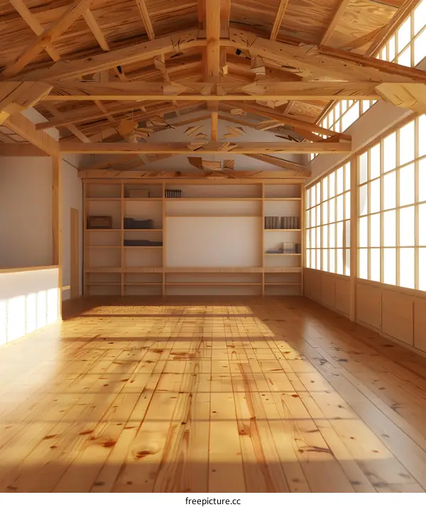 Japanese Style Empty Room with Wooden Beams and Floor