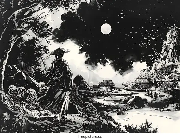 Black and White Illustration of a Japanese Samurai Standing in Front of a Mountain and a Full Moon