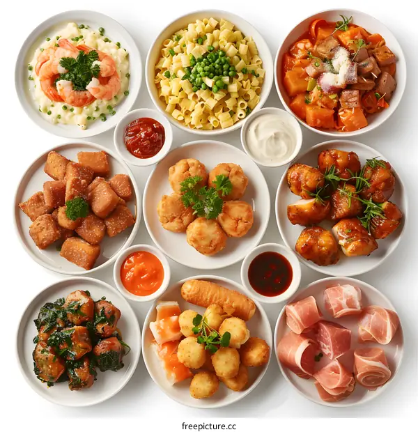 Variety of delicious dishes served on white plates