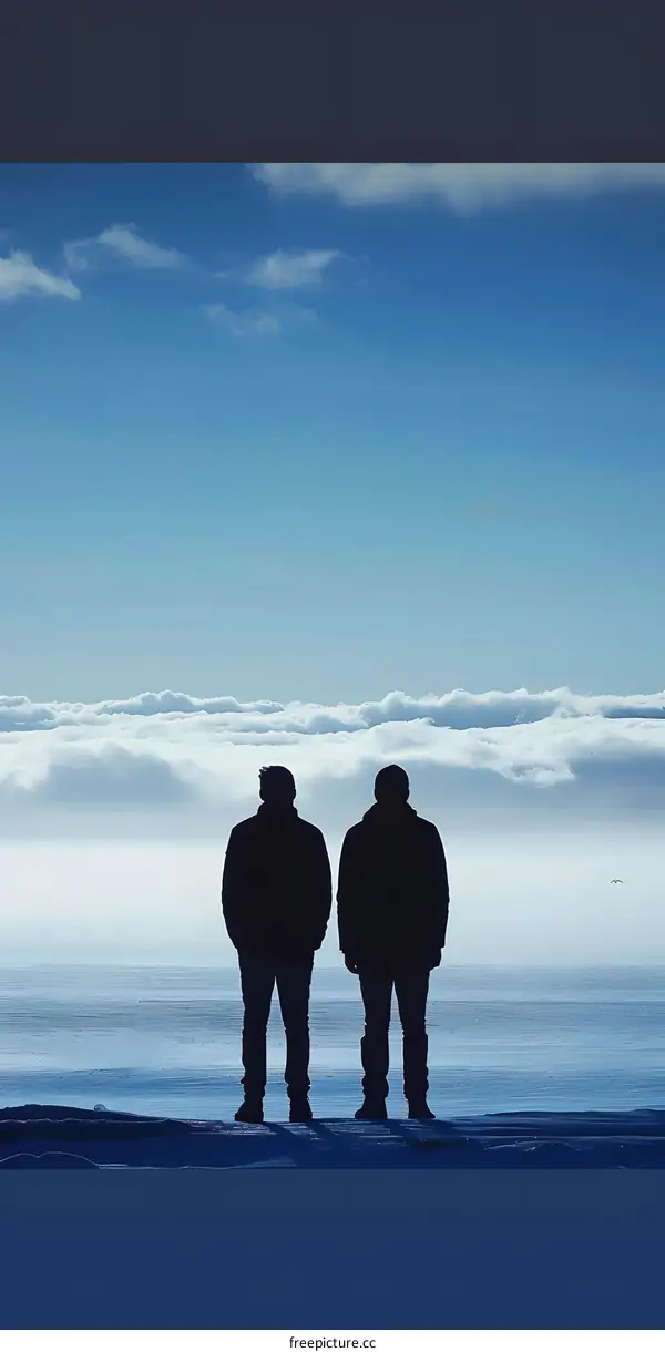 Two Silhouettes Standing on a Snowy Landscape with a Sea of Clouds in the Background