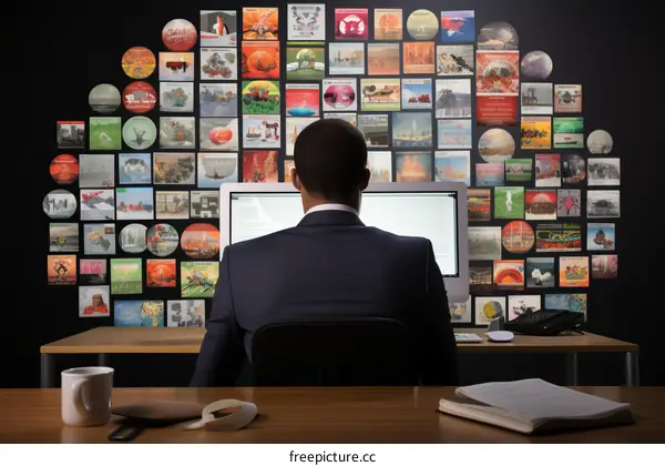 A businessman sits at his desk and looks at a computer screen full of images.
