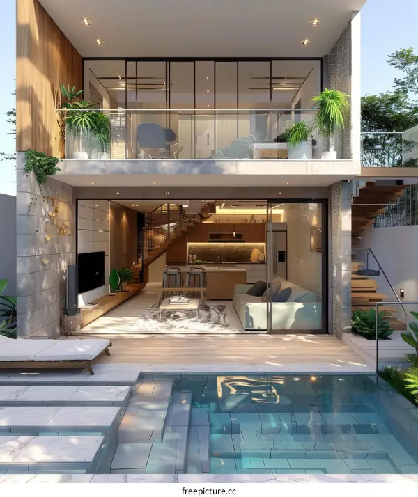 Modern Two-Story House with Pool and Interior View