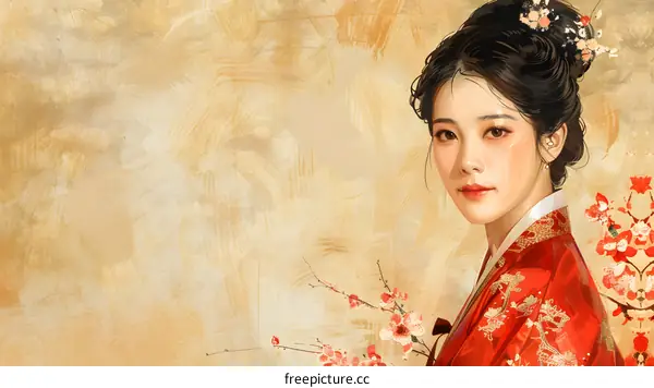 Elegant Woman in Red Hanbok with Flowers