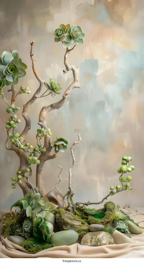 Green Succulents And Stones On A Brown Fabric Background