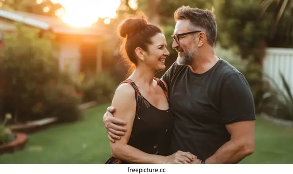 Happy couple enjoying a romantic moment in the garden