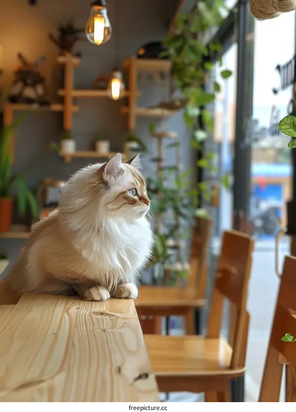A ginger cat sitting on a wooden table in a cafe