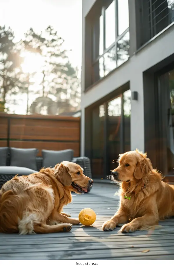 Two Golden Retrievers Playing with a Ball