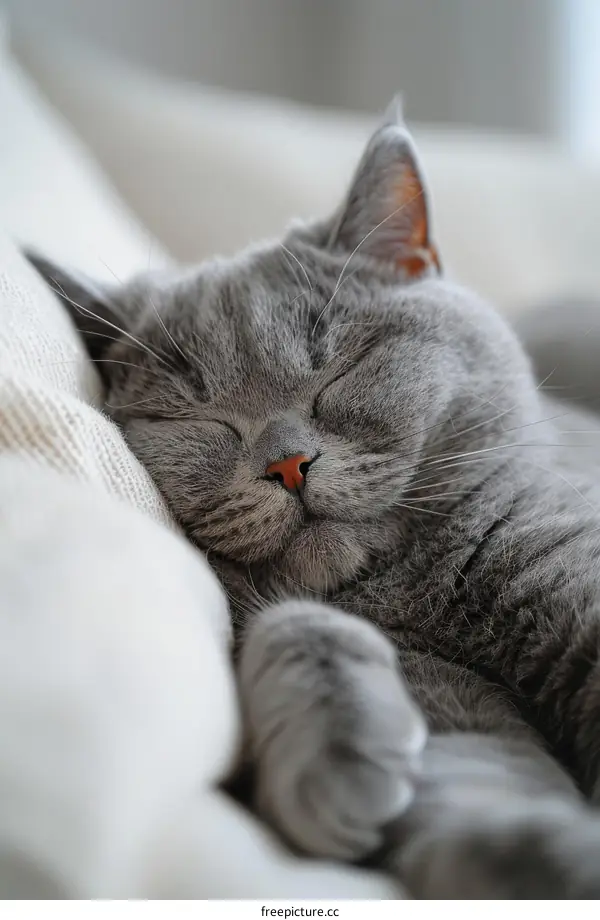 A gray cat is sleeping on a white blanket