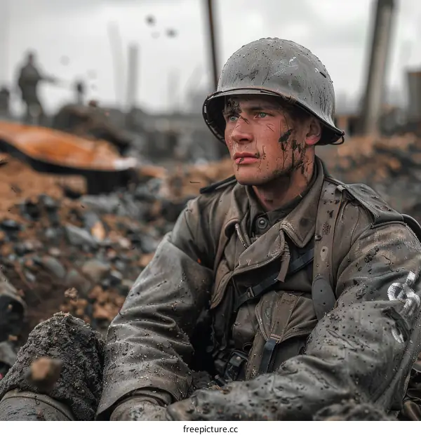 A soldier sits on the rubble of a destroyed building during a battle
