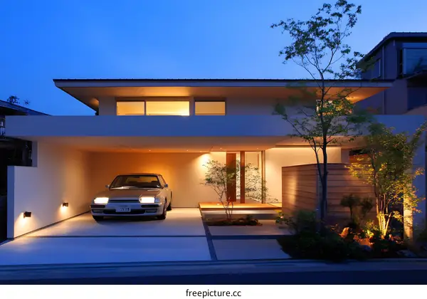 Modern Japanese House with Car Garage and Garden