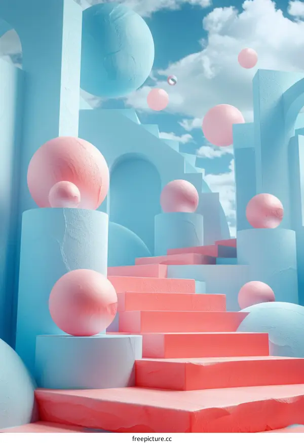 Abstract Minimalist 3D Illustration with Blue and Pink Geometric Shapes and a Sky Background