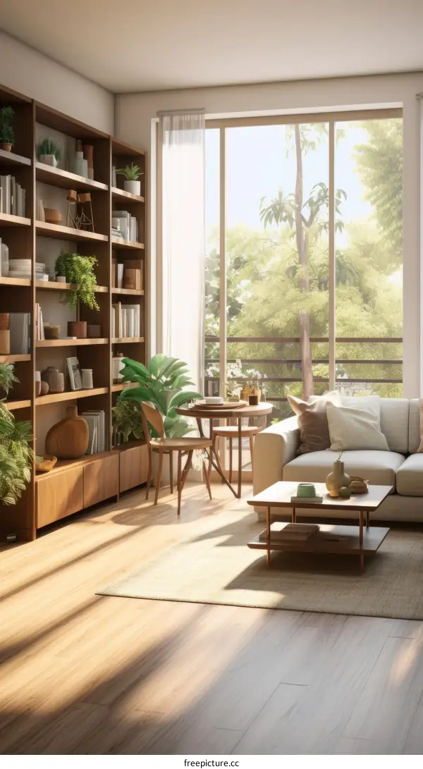 Airy and bright living room with large windows and a wall of bookshelves
