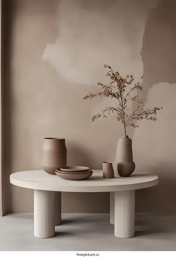 Modern Minimalist Home Decor with Ceramic Vases and Wooden Table