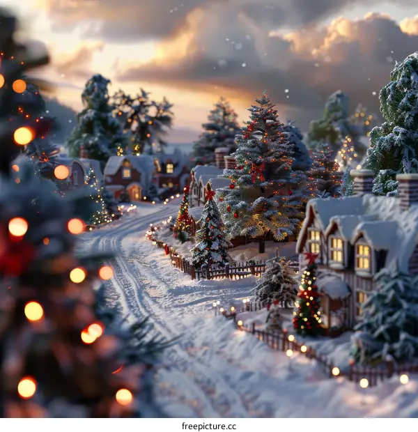 Snowy Village Scene with a Decorated Christmas Tree