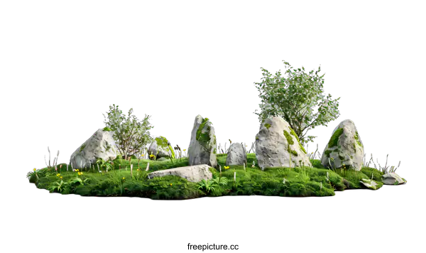[Transparent Background PNG]Green Grass and Rocks Isolated on White Background