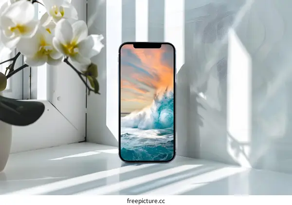 Smartphone Displaying Ocean Wave Wallpaper