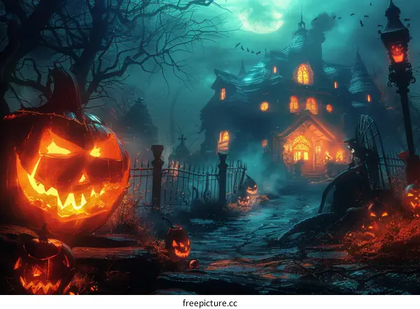 Jack-o'-lantern of Halloween and Haunted House