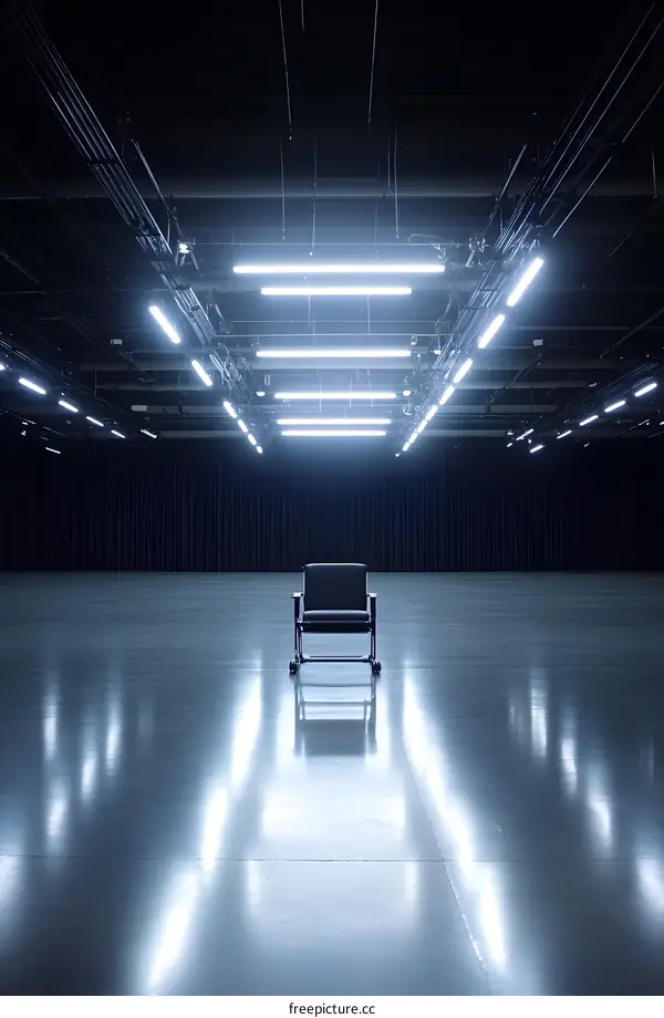 Black Chair In Empty Room With Fluorescent Lights
