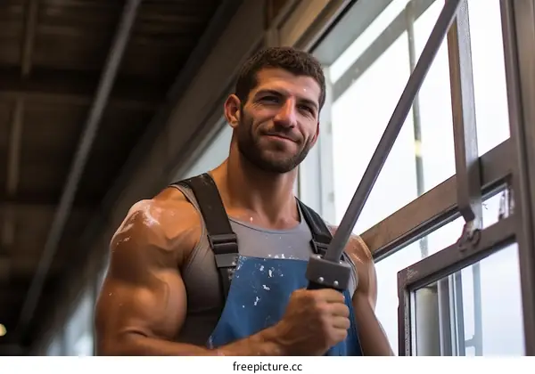 muscular man in work clothes holding a level