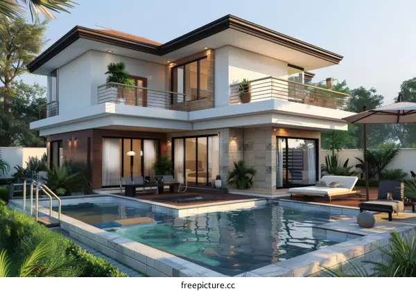 Modern Villa Exterior with Swimming Pool and Terrace