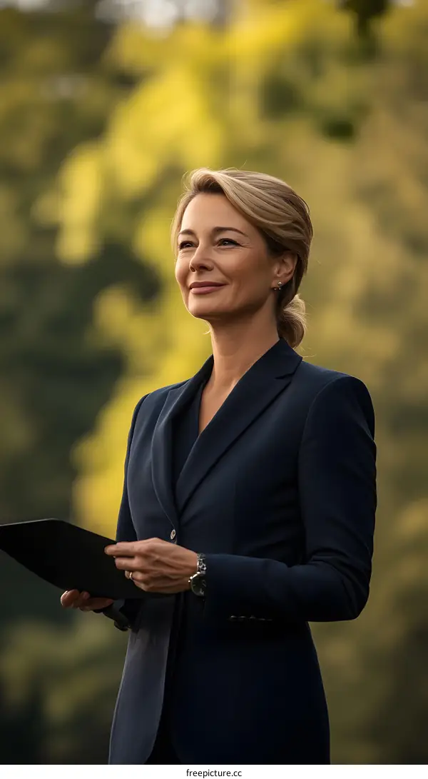 Businesswoman in Suit Holding a Folder in a Park